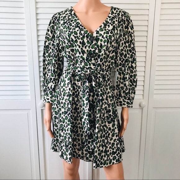 New ALEXIA ADMOR Green Leopard Print Button Front Belted Mini Dress Size 10 - Picture 2 of 11